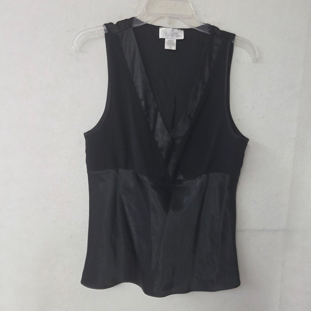 Wondermaid Tank Top Womens M Black Satin Trim V-Neck Sleeveless Mixed Media Vtg